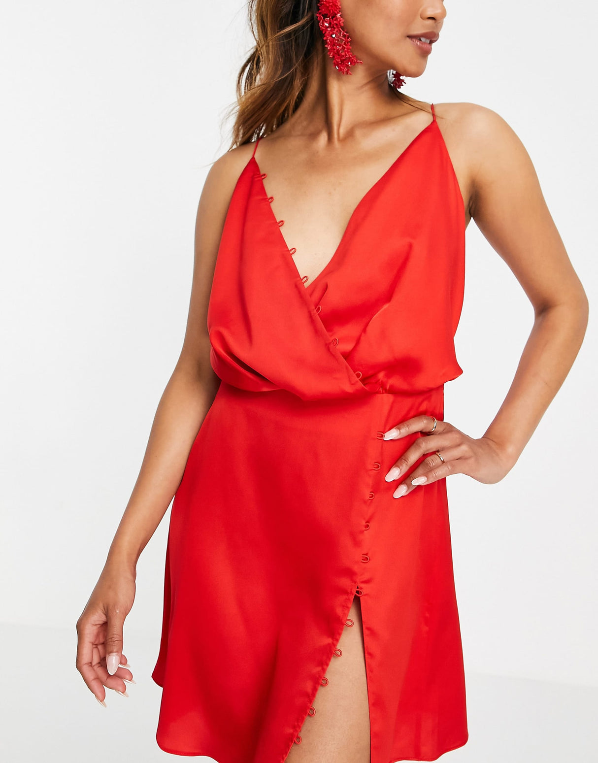 Asos Design Bias Cut Drape Cami Mini Dress With Button Detail In Red