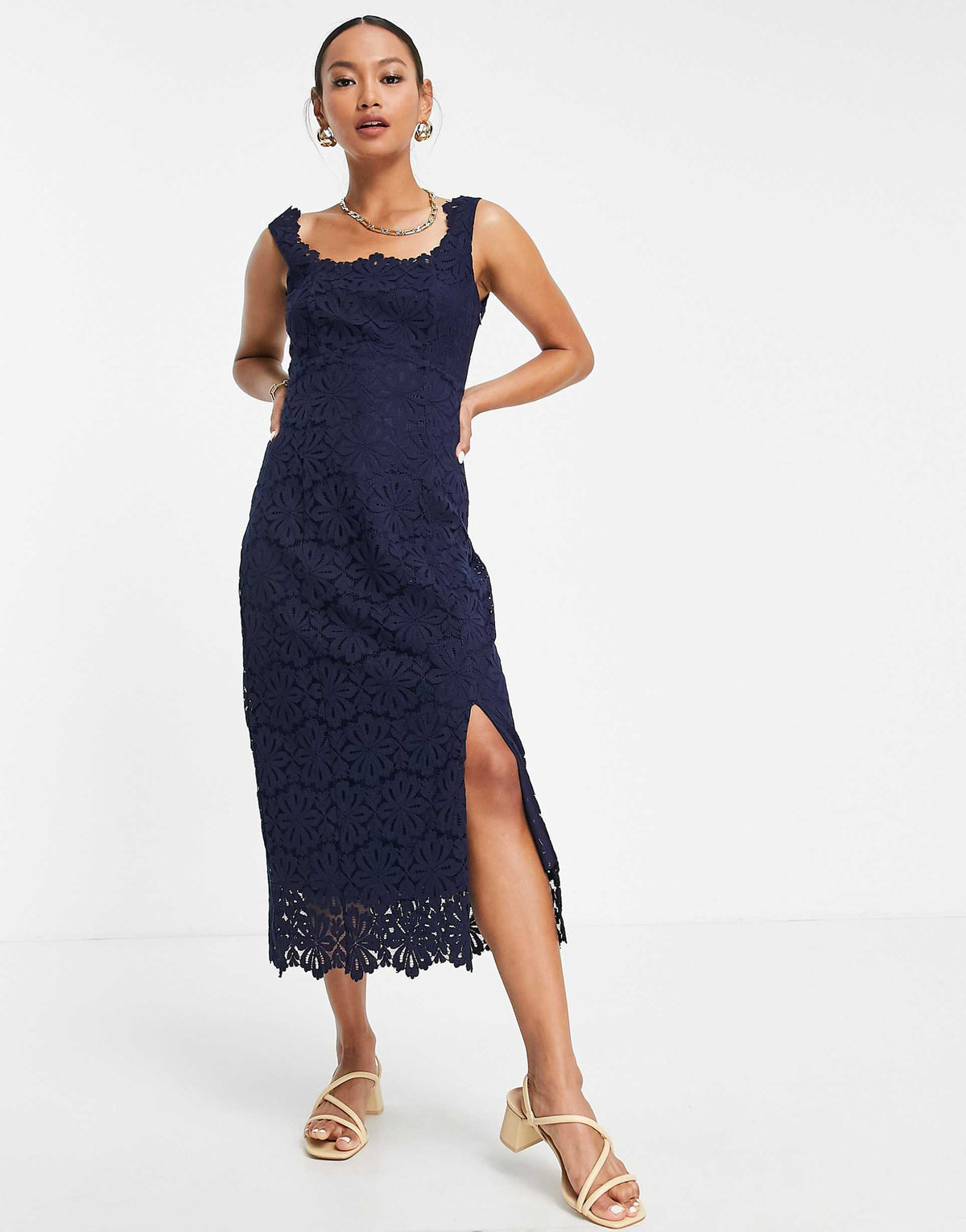 Whistles Lace Overlay Midi Dress In Indigo Blue
