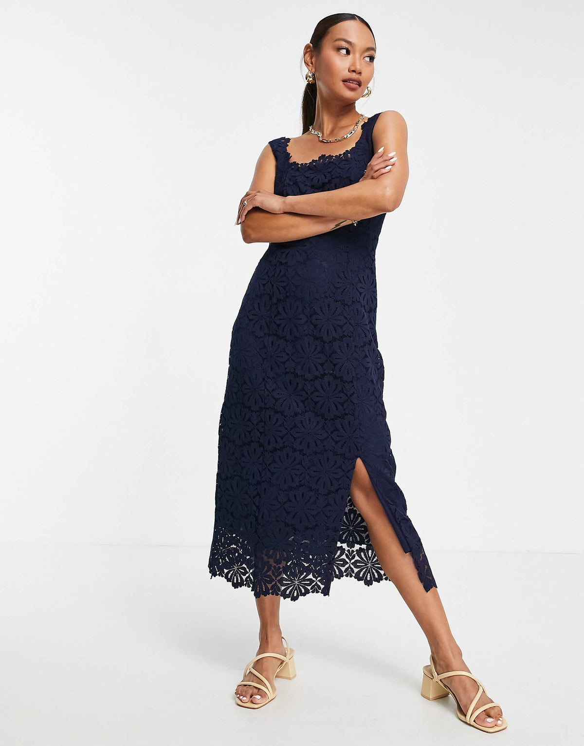 Whistles Lace Overlay Midi Dress In Indigo Blue