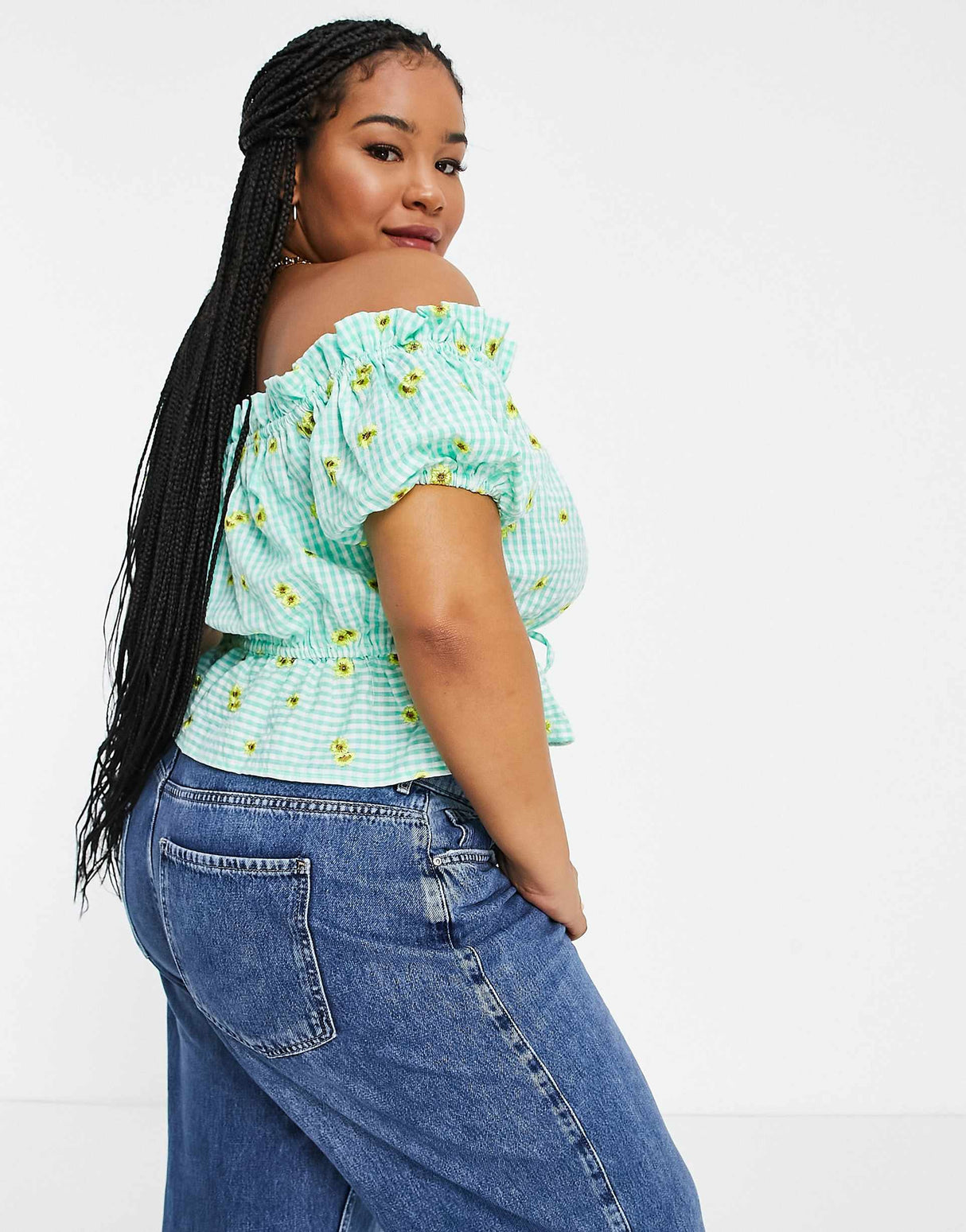 Asos Design Curve Square Neck Top In Green Gingham With Floral Embroidered Detail