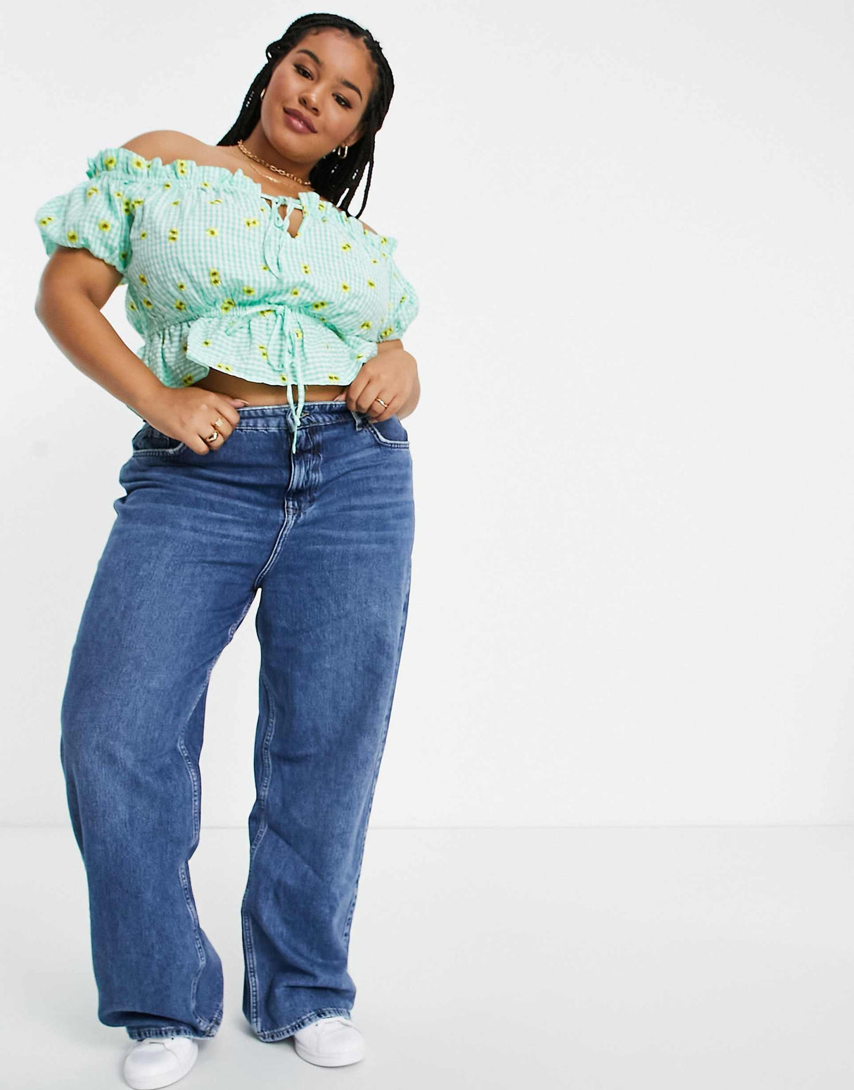 Asos Design Curve Square Neck Top In Green Gingham With Floral Embroidered Detail