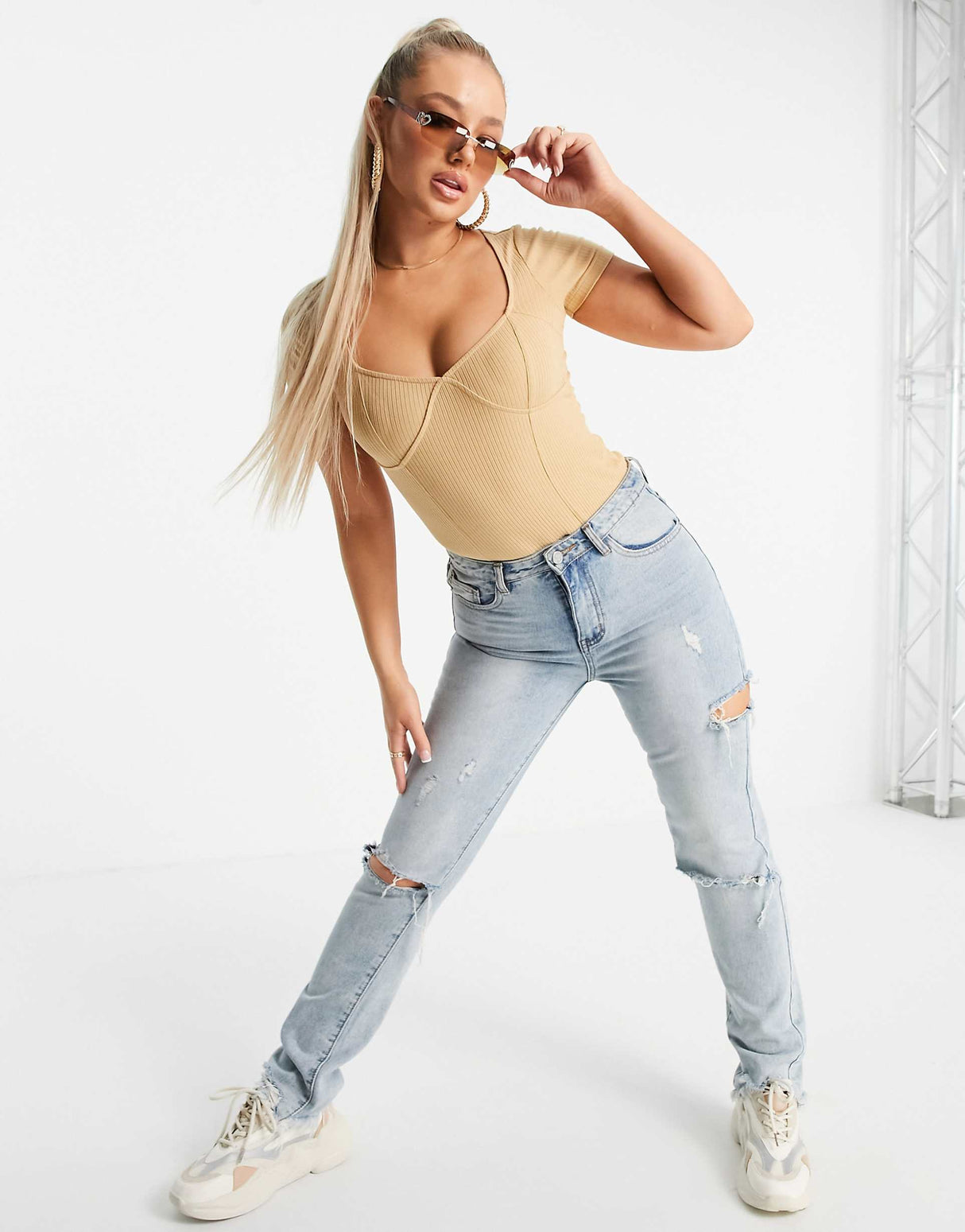 Asos Design Rib Bodysuit With Bust Seams And Cap Sleeve In Brown