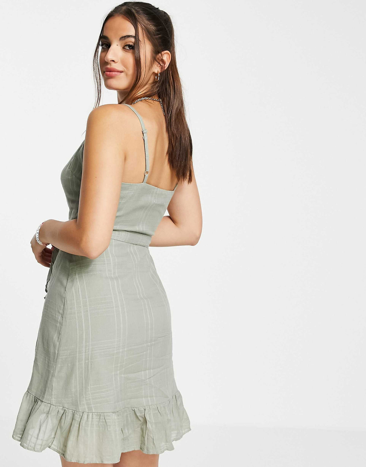 Asos Design Tie Wrap Around Mini Sundress In Self Grid Check In Khaki