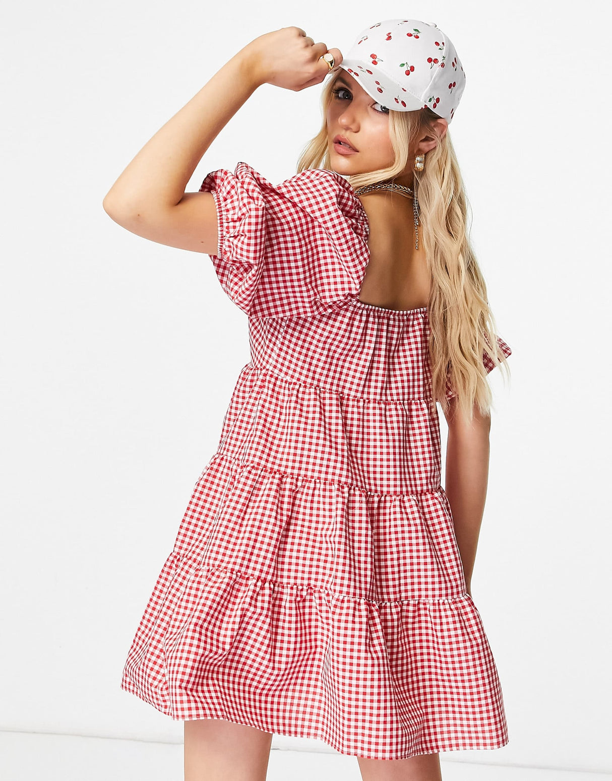 Asos Design Tiered Babydoll Mini Smock Dress In Red And White Gingham
