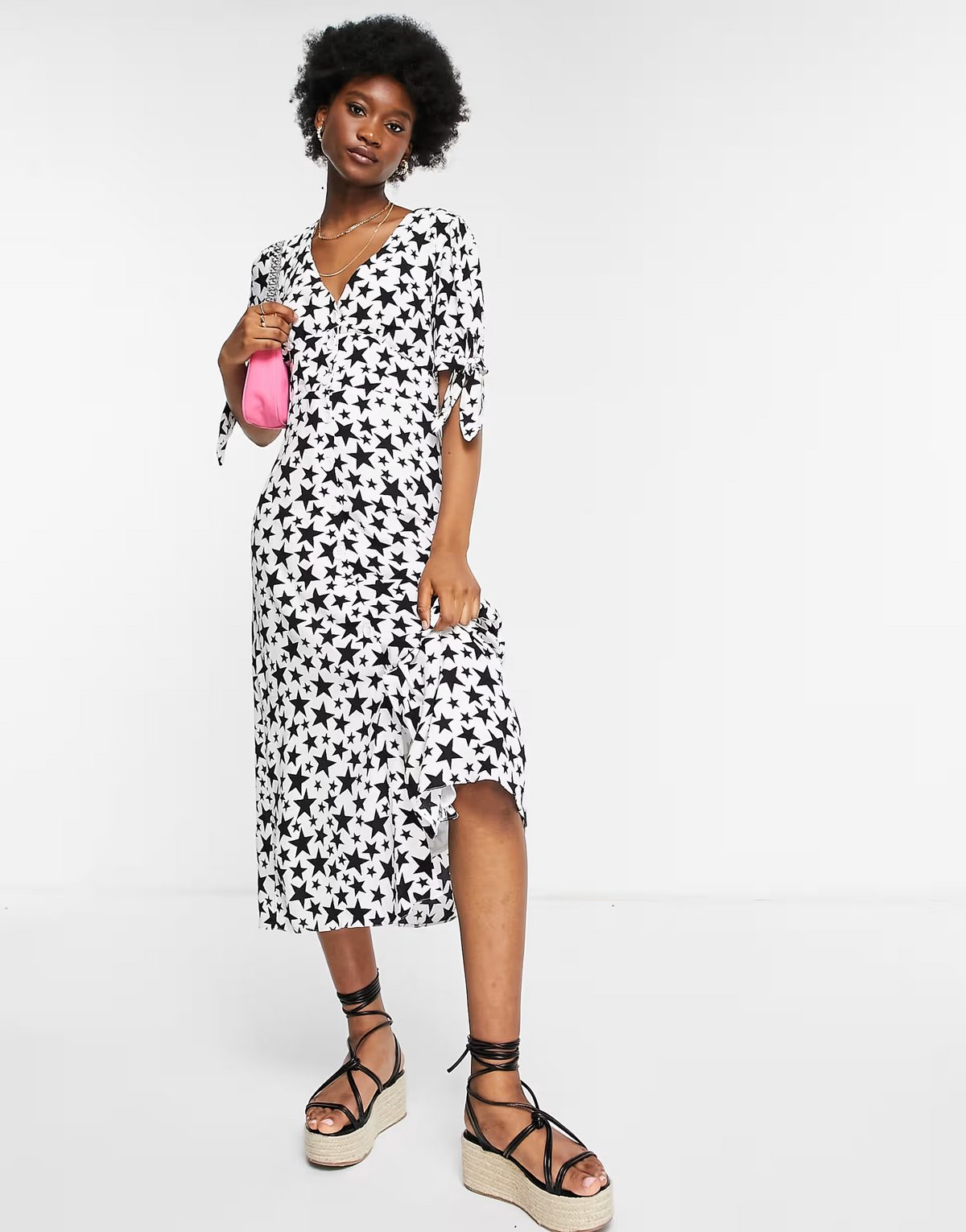 Nobody'S Child V Neck Midi Tea Dress In Star Print With Tie Shoulders