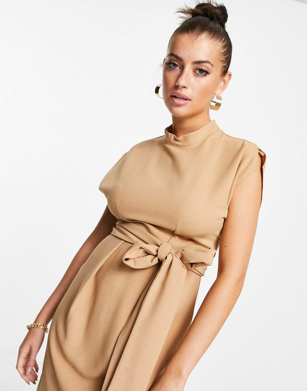 Closet London Belted Tie Waist Mini Dress In Sand