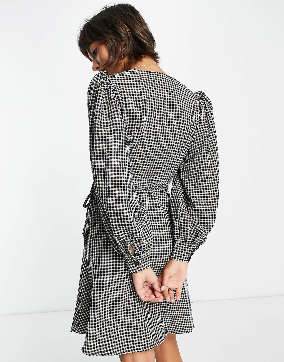Selected Femme Wrap Mini Dress With Volume Sleeves In Mono Gingham