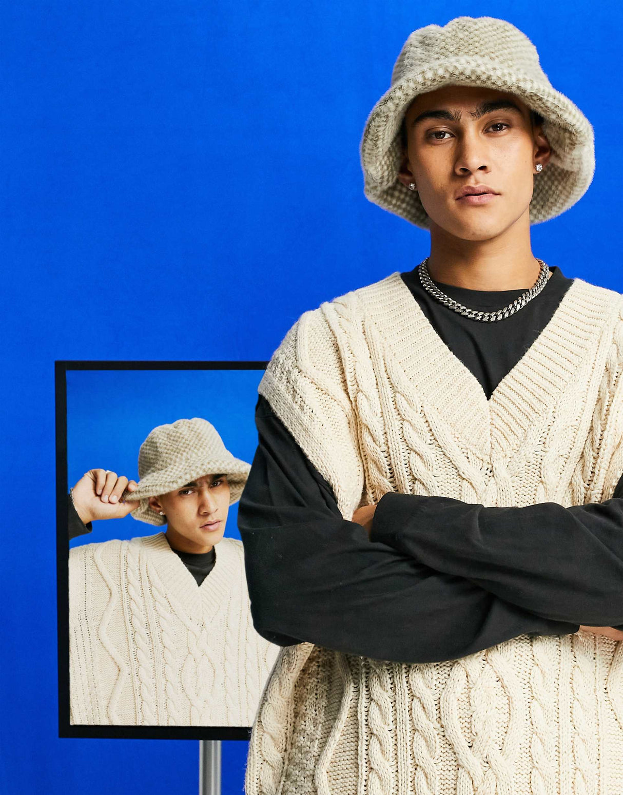 Asos Design Faux Fur Bucket Hat In Check