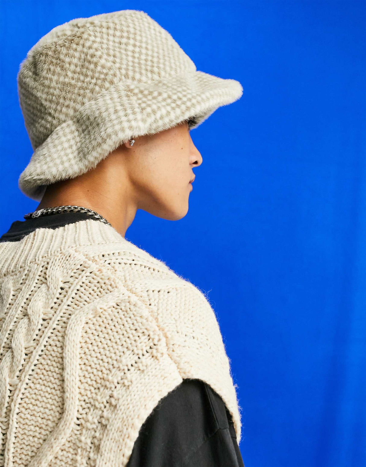 Asos Design Faux Fur Bucket Hat In Check