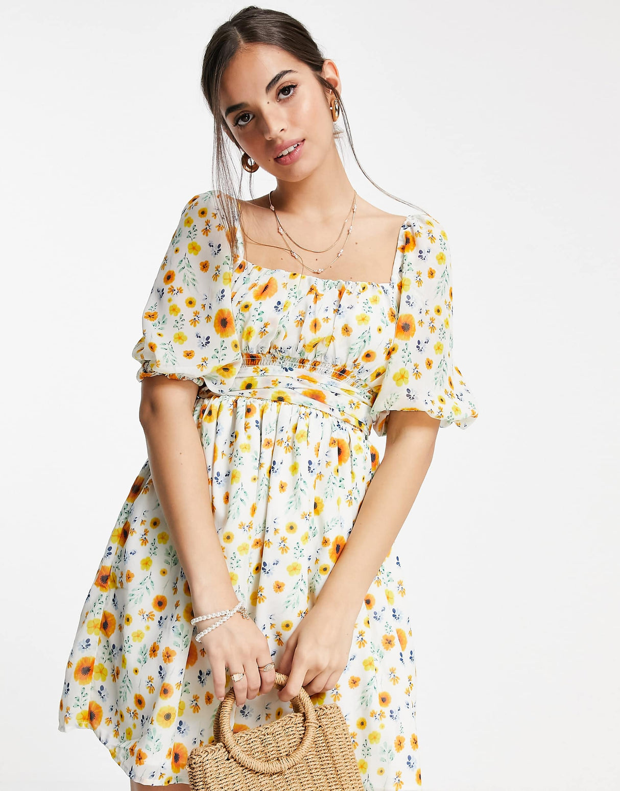 Asos Design Shirred Waist Belted Mini Dress In Botanical Floral Print