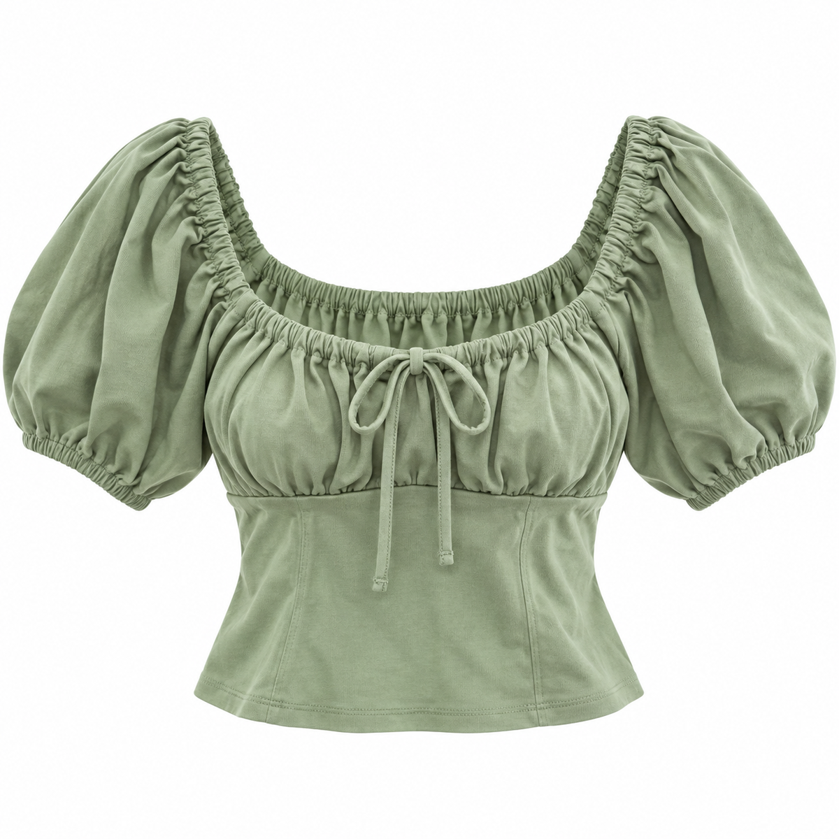 Asos Design Petite Square Neck Tie Detail Volume Short Sleeve Top In Khaki