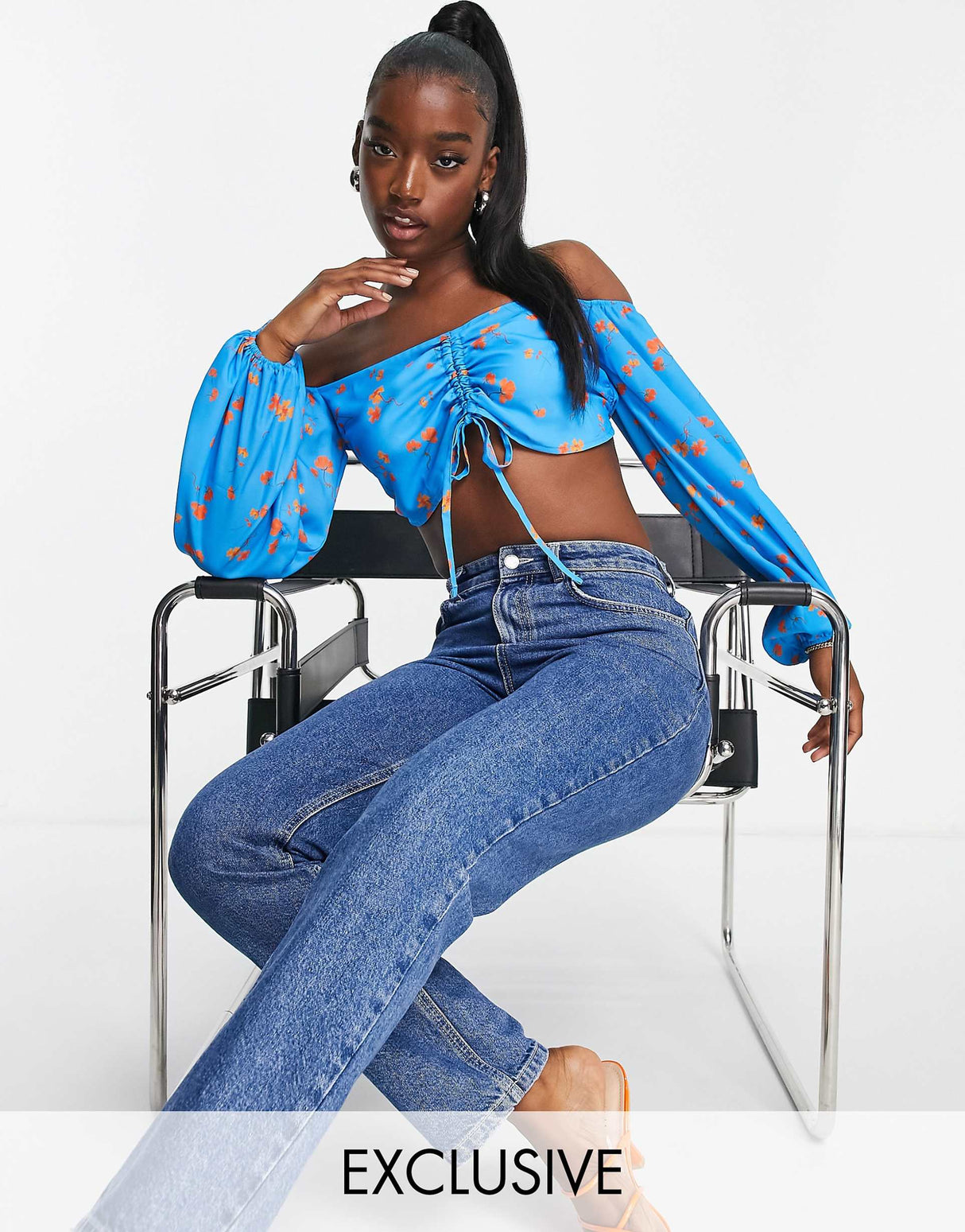 Asyou Ruched Bardot Co-Ord Top In Blue Ditsy