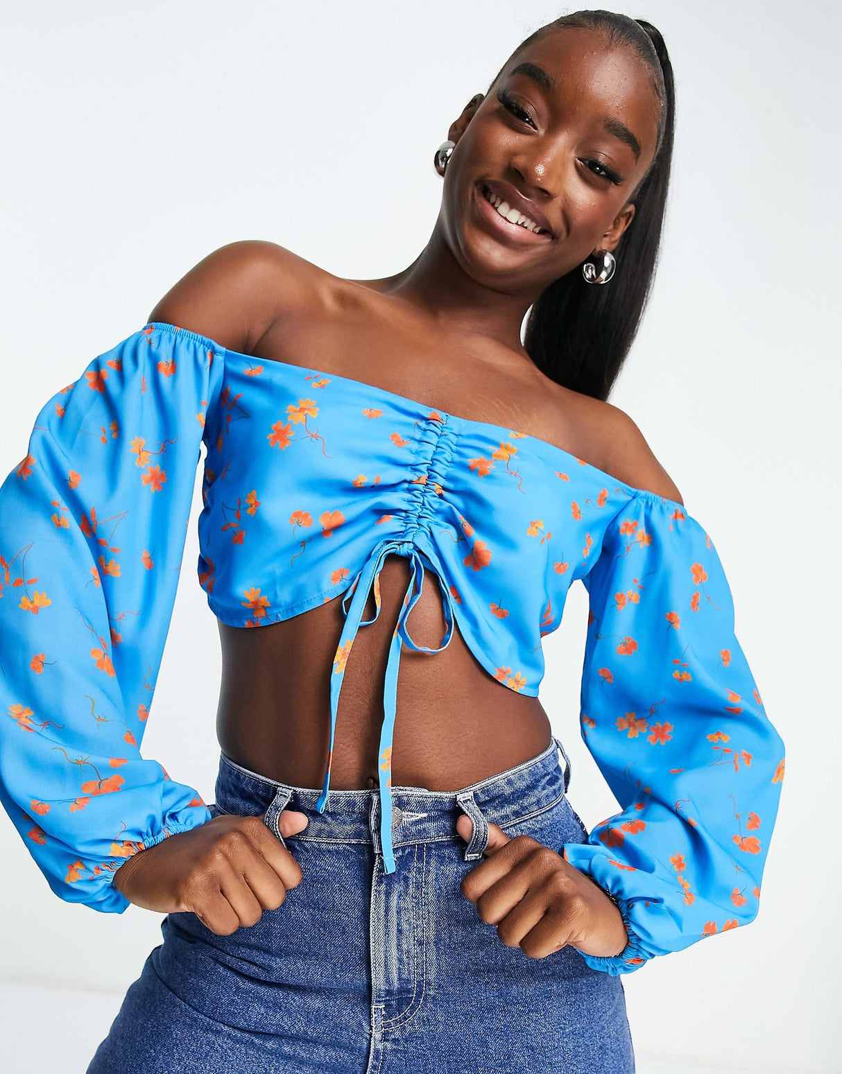Asyou Ruched Bardot Co-Ord Top In Blue Ditsy