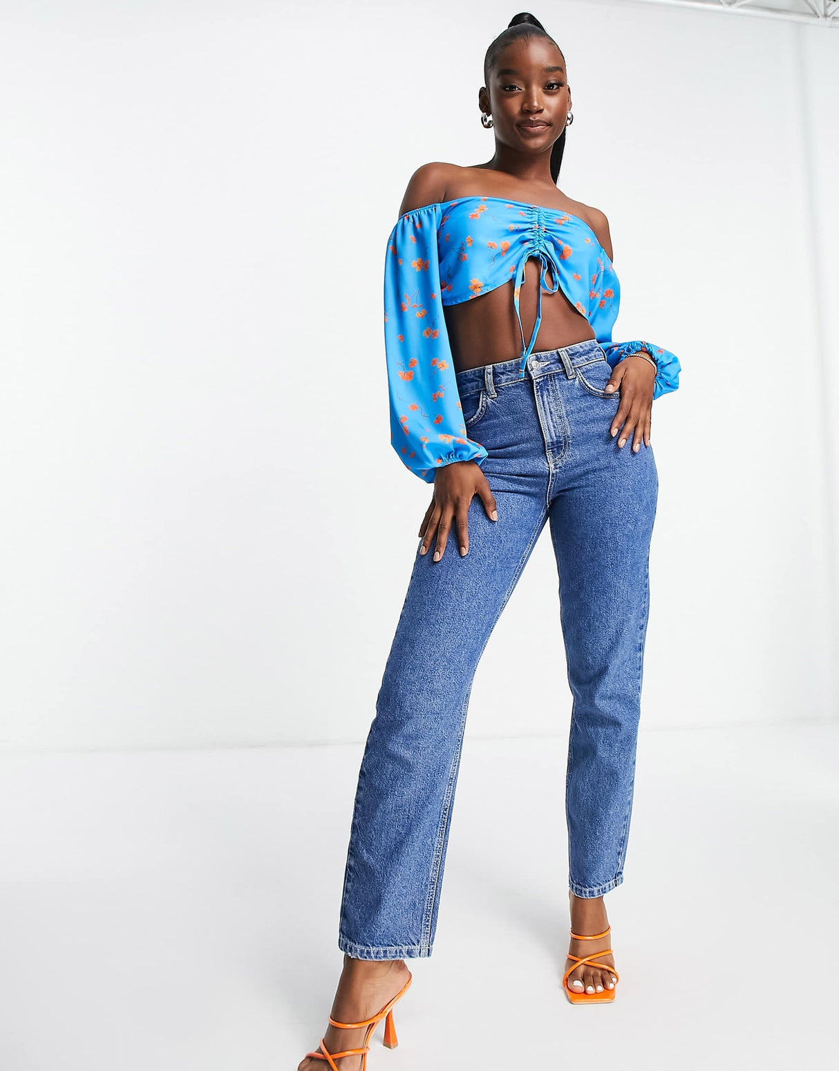 Asyou Ruched Bardot Co-Ord Top In Blue Ditsy