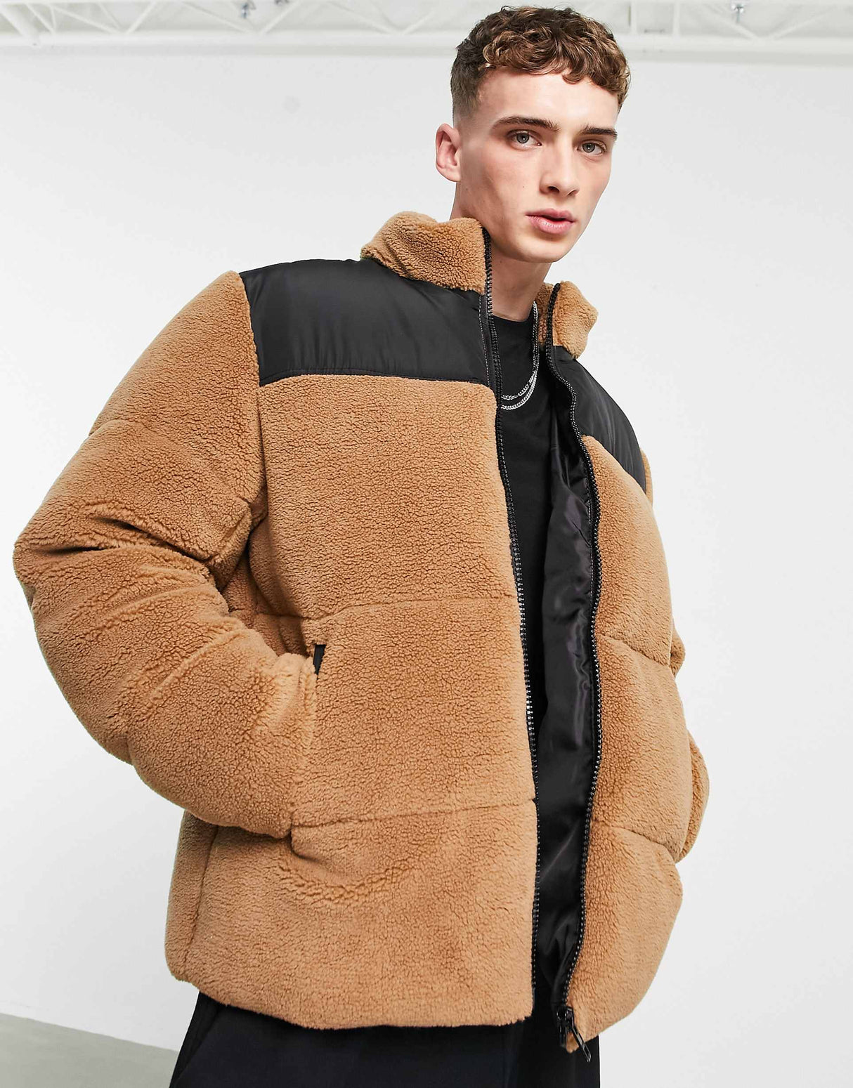 Asos Design Borg Puffer Jacket In Brown With Contrast Panel