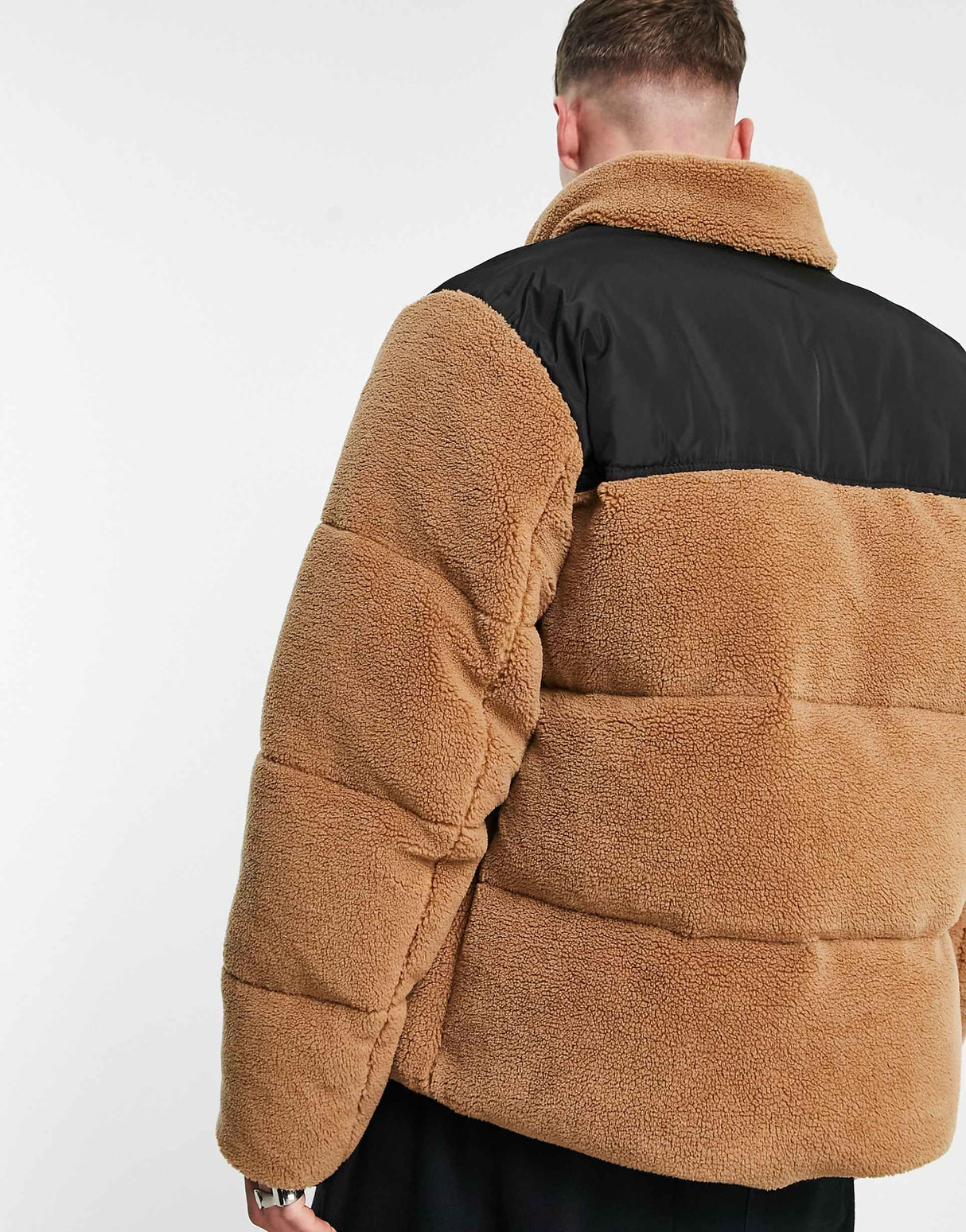 Asos Design Borg Puffer Jacket In Brown With Contrast Panel