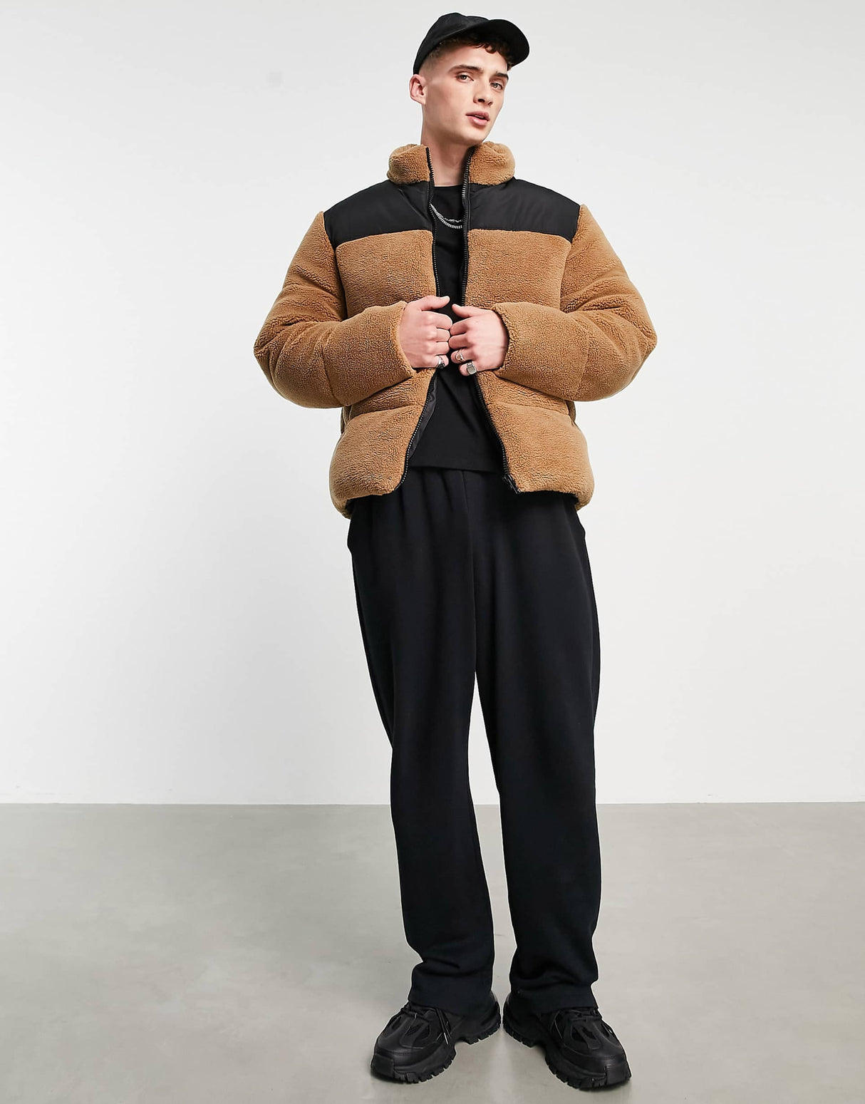 Asos Design Borg Puffer Jacket In Brown With Contrast Panel