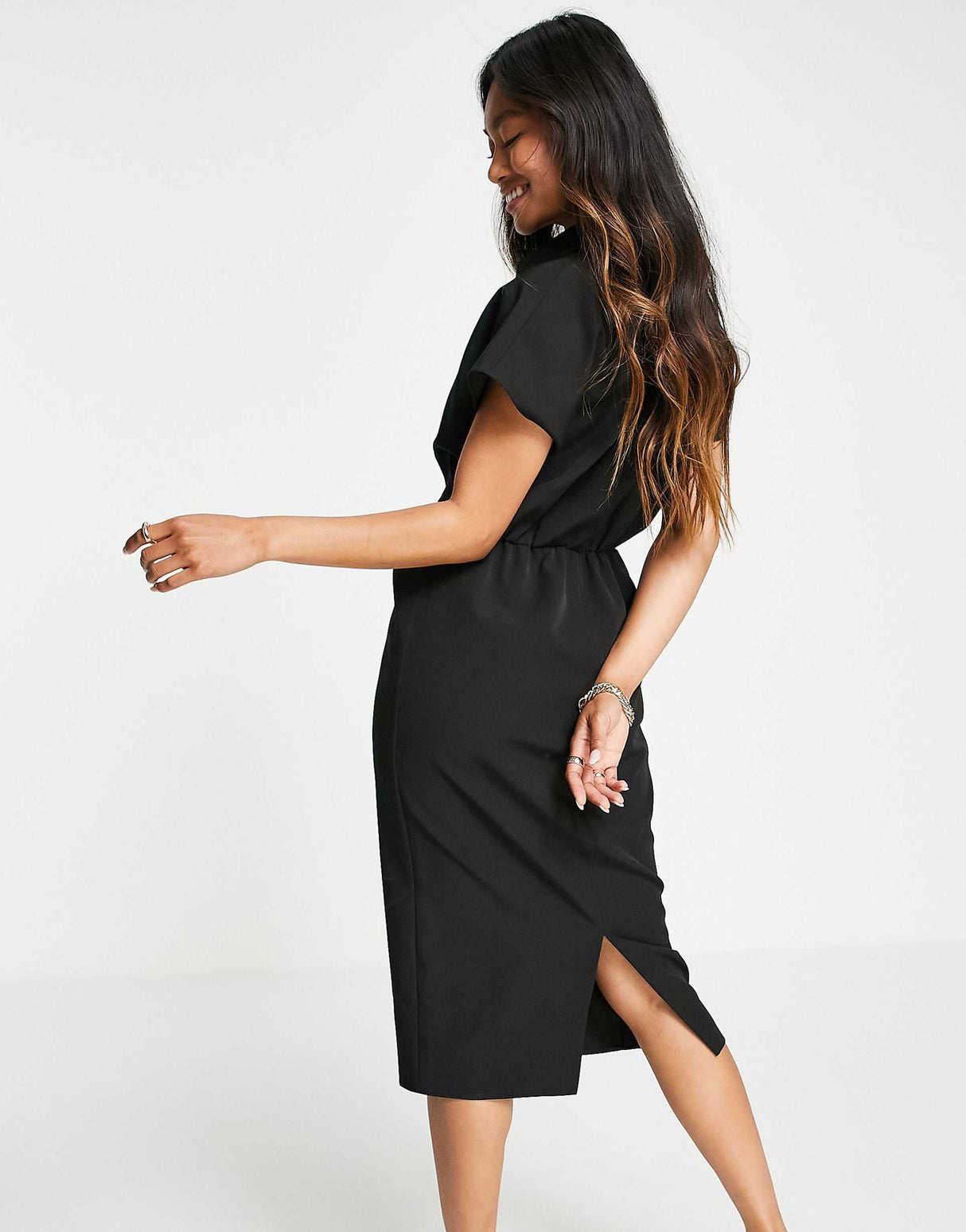 Asos Design Collared Wrap Front Midi Dress With Knot In Black