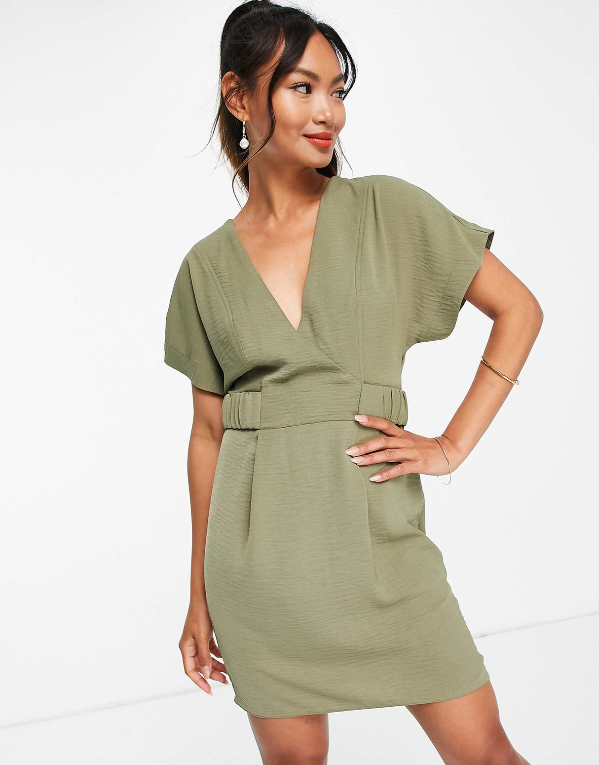 Asos Design V Front Mini Dress With Elasticated Tab In Khaki