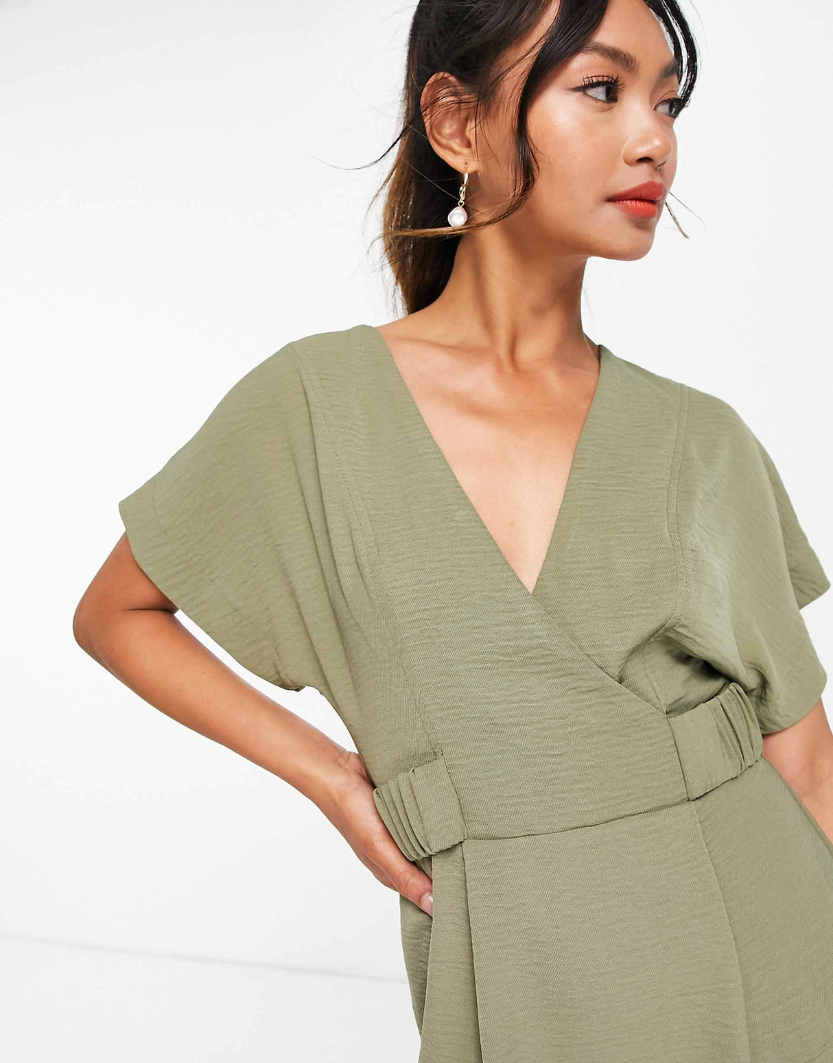 Asos Design V Front Mini Dress With Elasticated Tab In Khaki