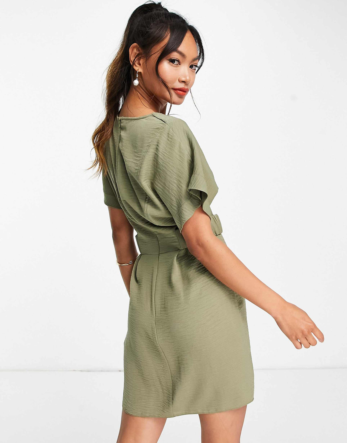 Asos Design V Front Mini Dress With Elasticated Tab In Khaki
