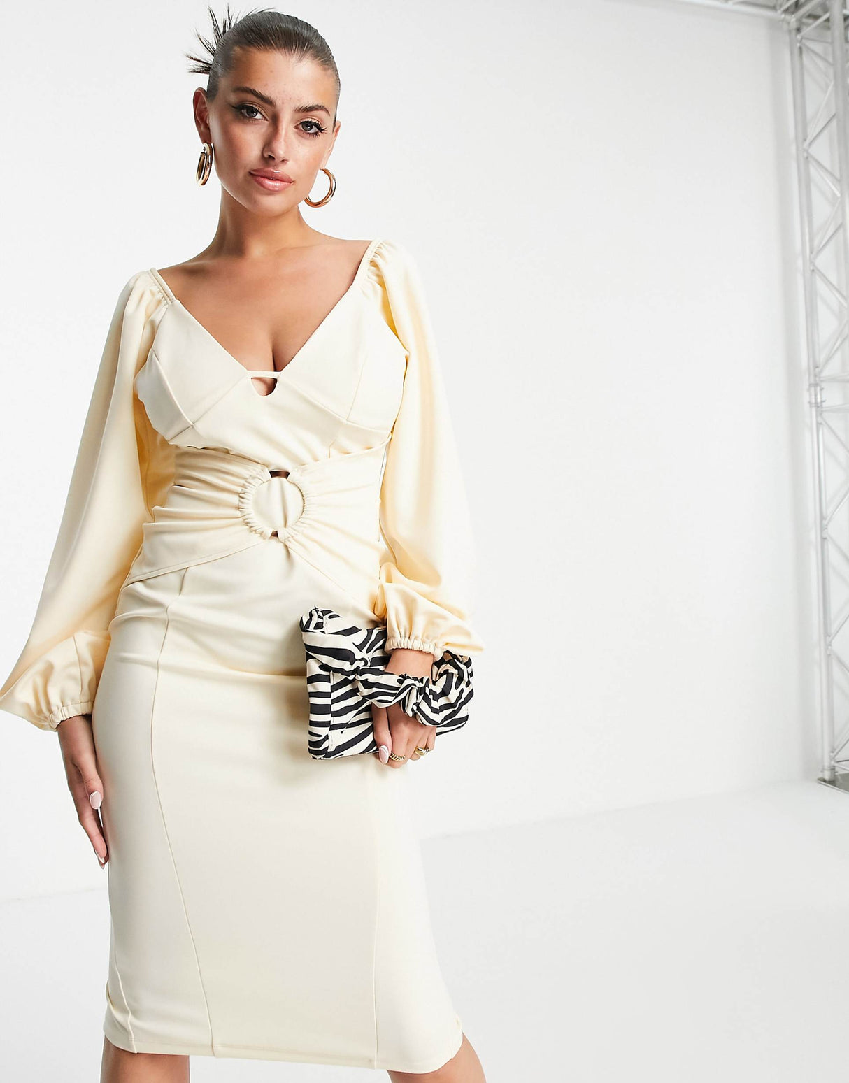 Asos Design Long Sleeve Cupped Ring Midi Pencil Dress In Stone