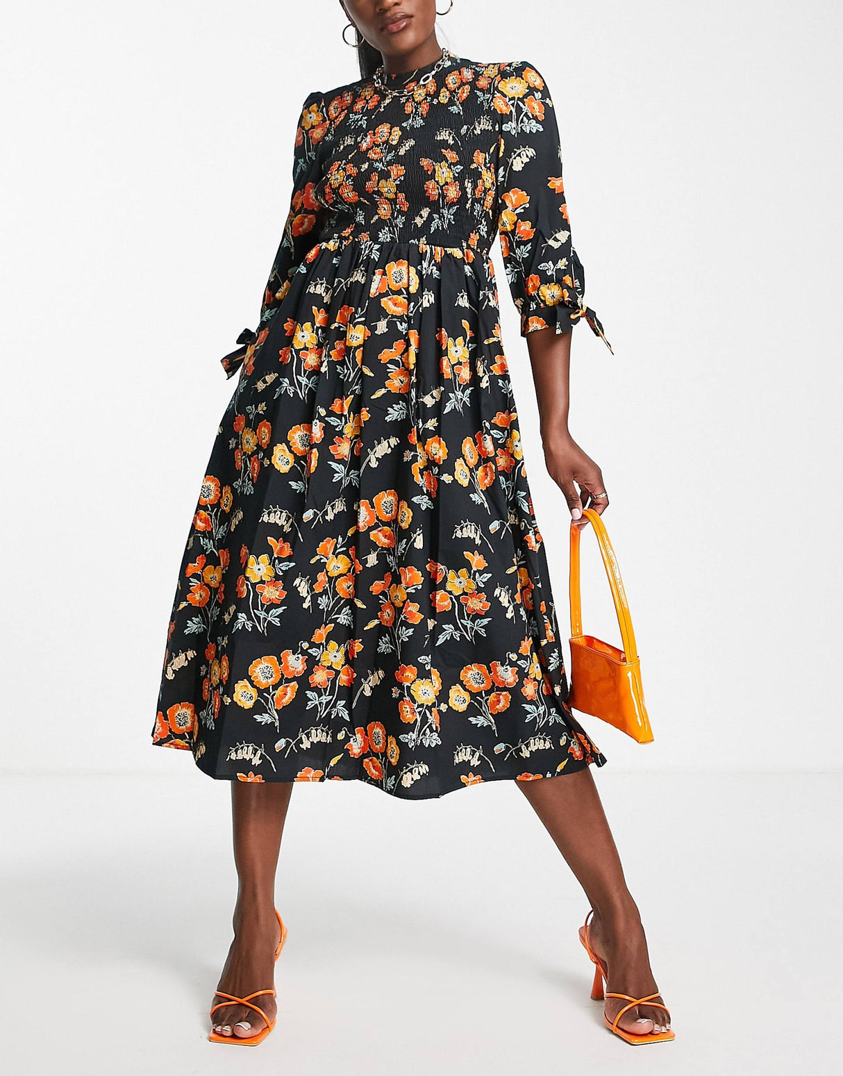 Whistles Midi Dress With Smocking And Tie Sleeve In Black And Orange Floral