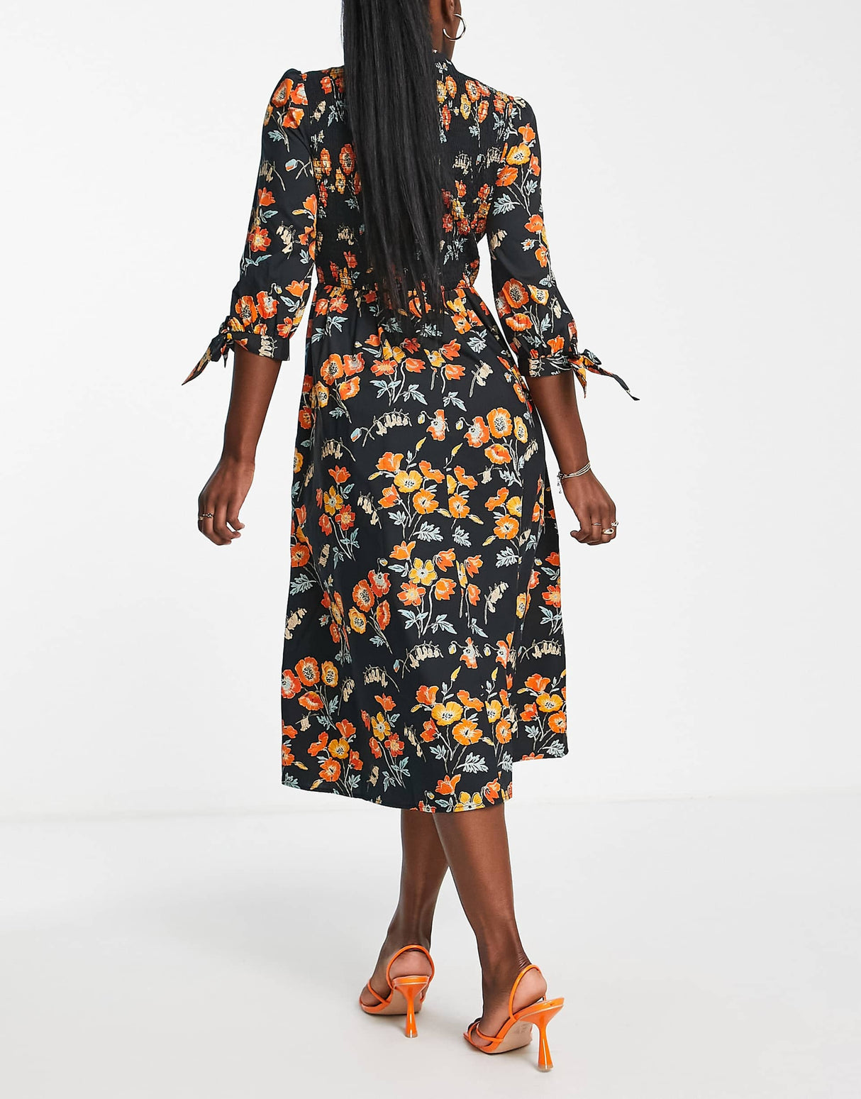 Whistles Midi Dress With Smocking And Tie Sleeve In Black And Orange Floral