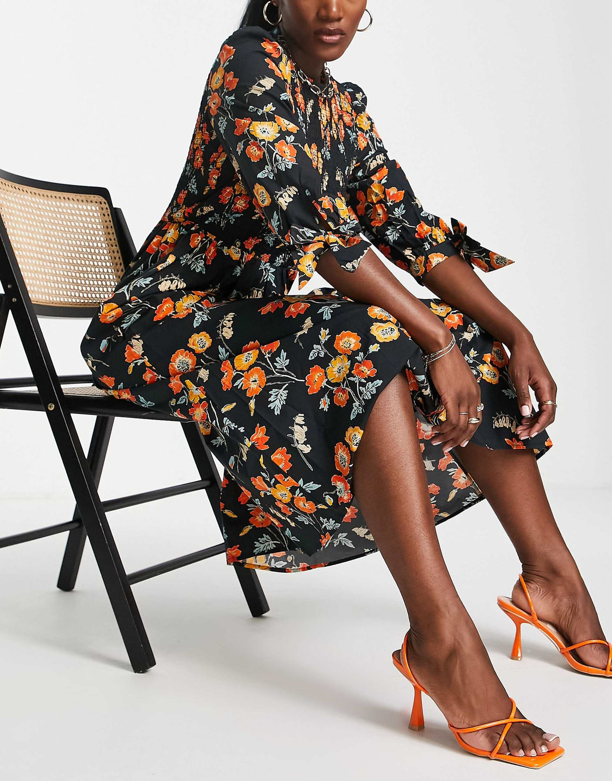 Whistles Midi Dress With Smocking And Tie Sleeve In Black And Orange Floral