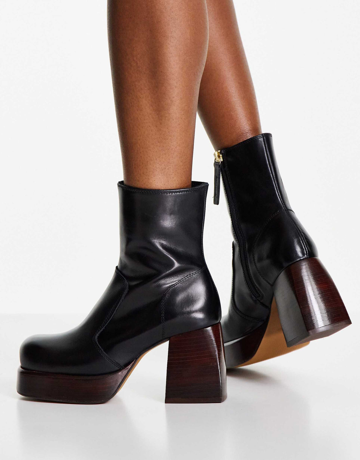 Asos Design Rowan Premium Leather Platform Heeled Boots In Black