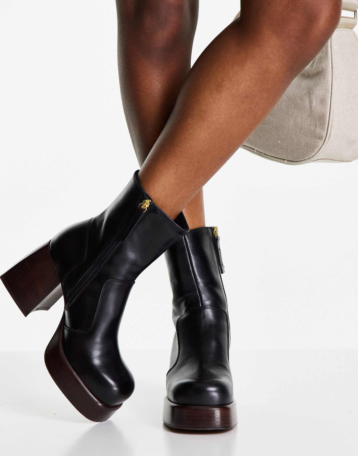 Asos Design Rowan Premium Leather Platform Heeled Boots In Black