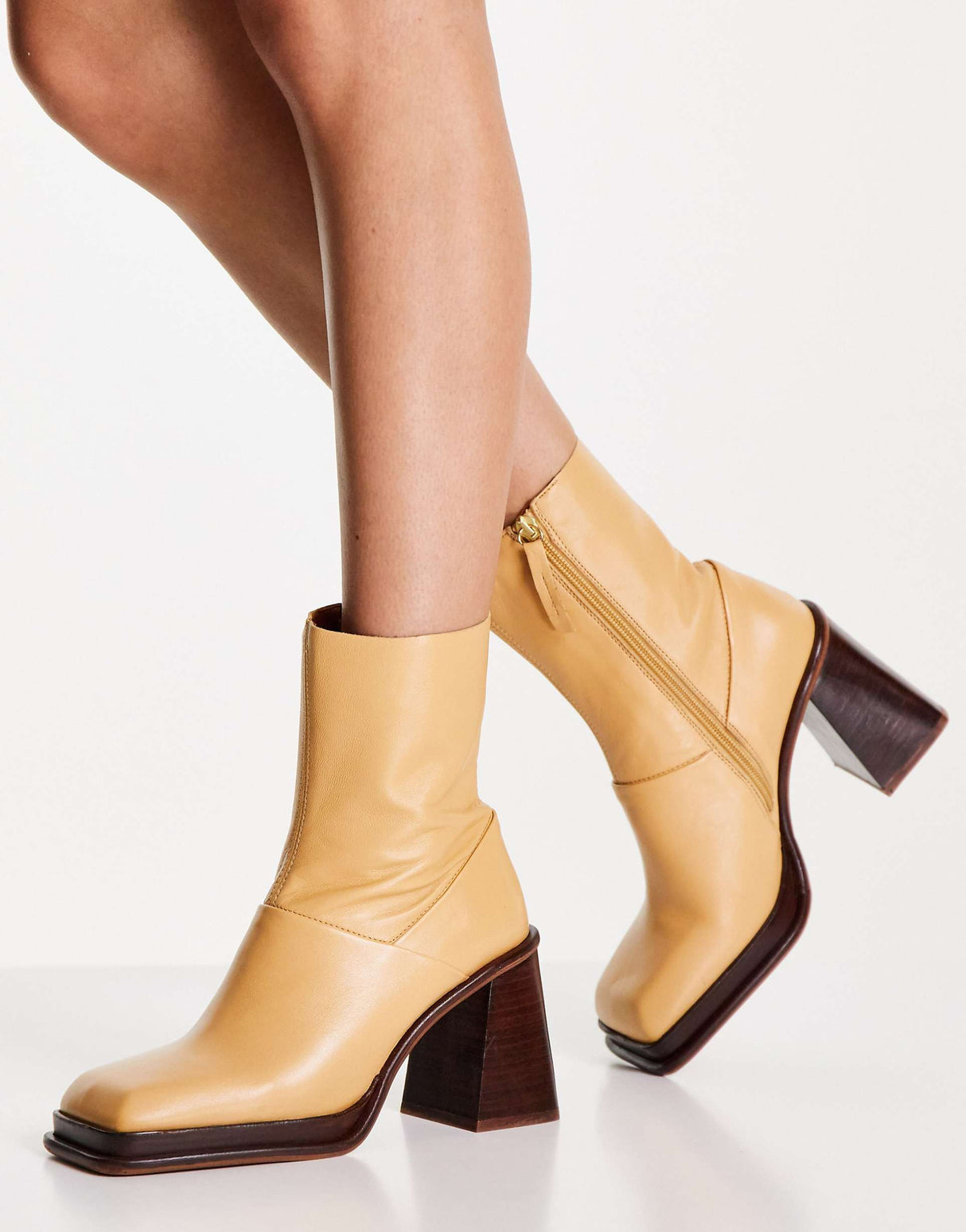 Asos Design Rochelle Premium Leather Platform Heeled Boots In Camel