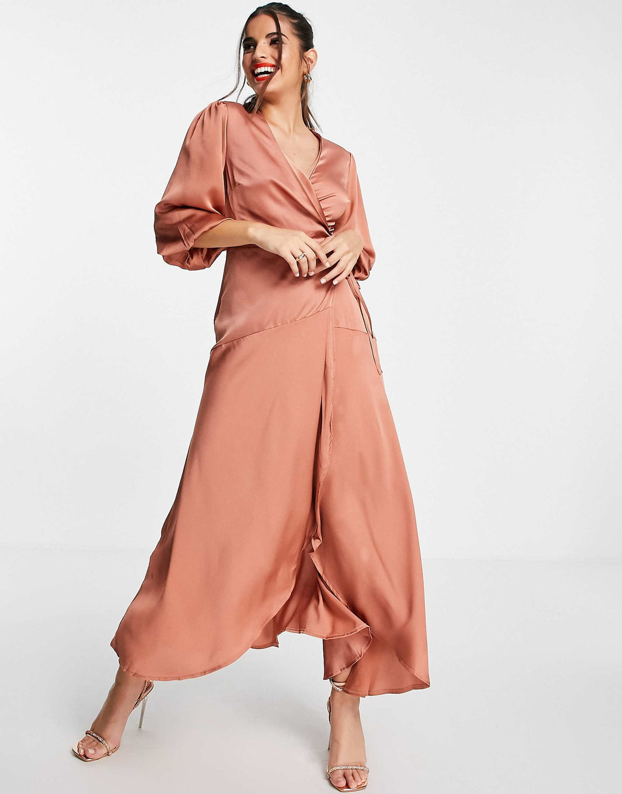 Liquorish Midi Wrap Dress With Balloon Sleeves In Light Brown