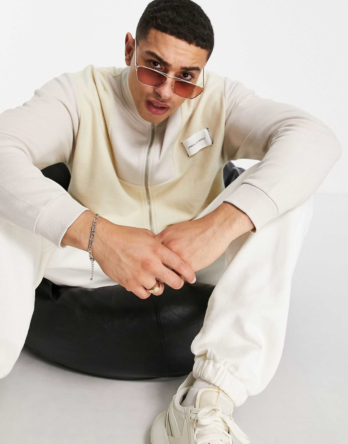 Asos Unrvlld Spply Oversized Funnel Neck Jacket With Polar Fleece Panels In Ecru
