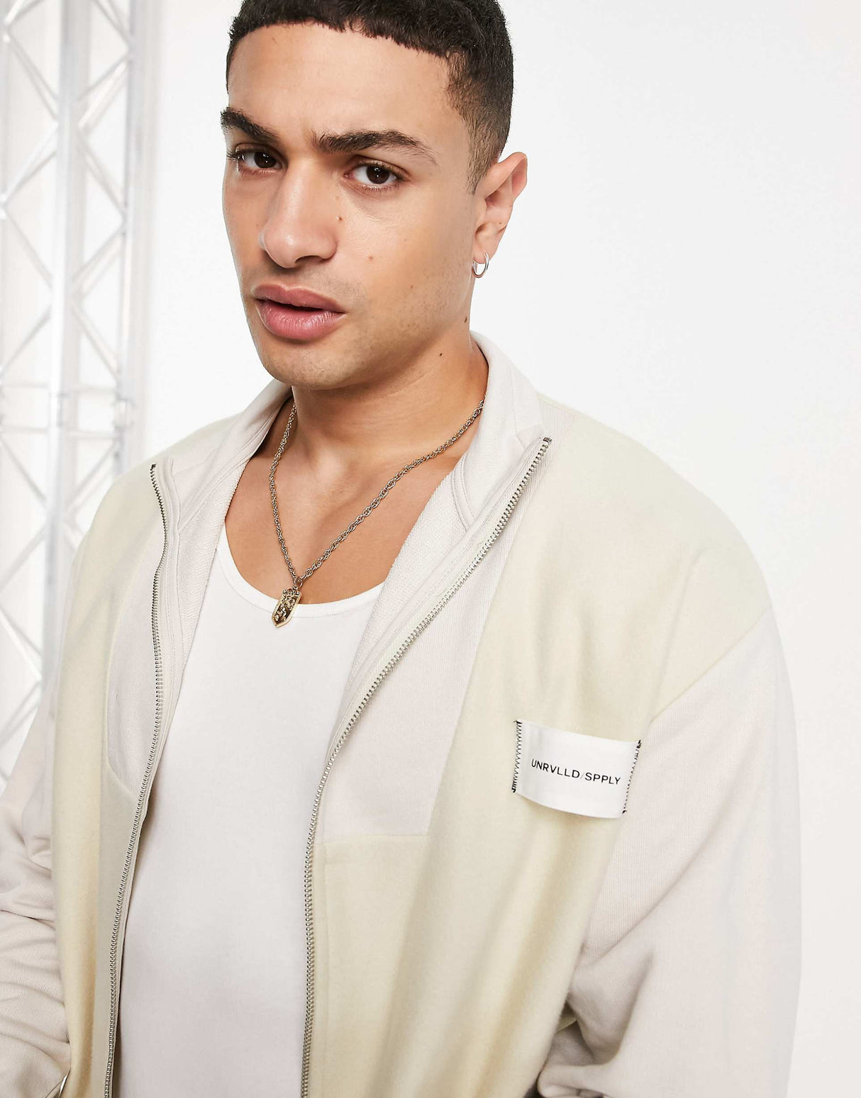 Asos Unrvlld Spply Oversized Funnel Neck Jacket With Polar Fleece Panels In Ecru