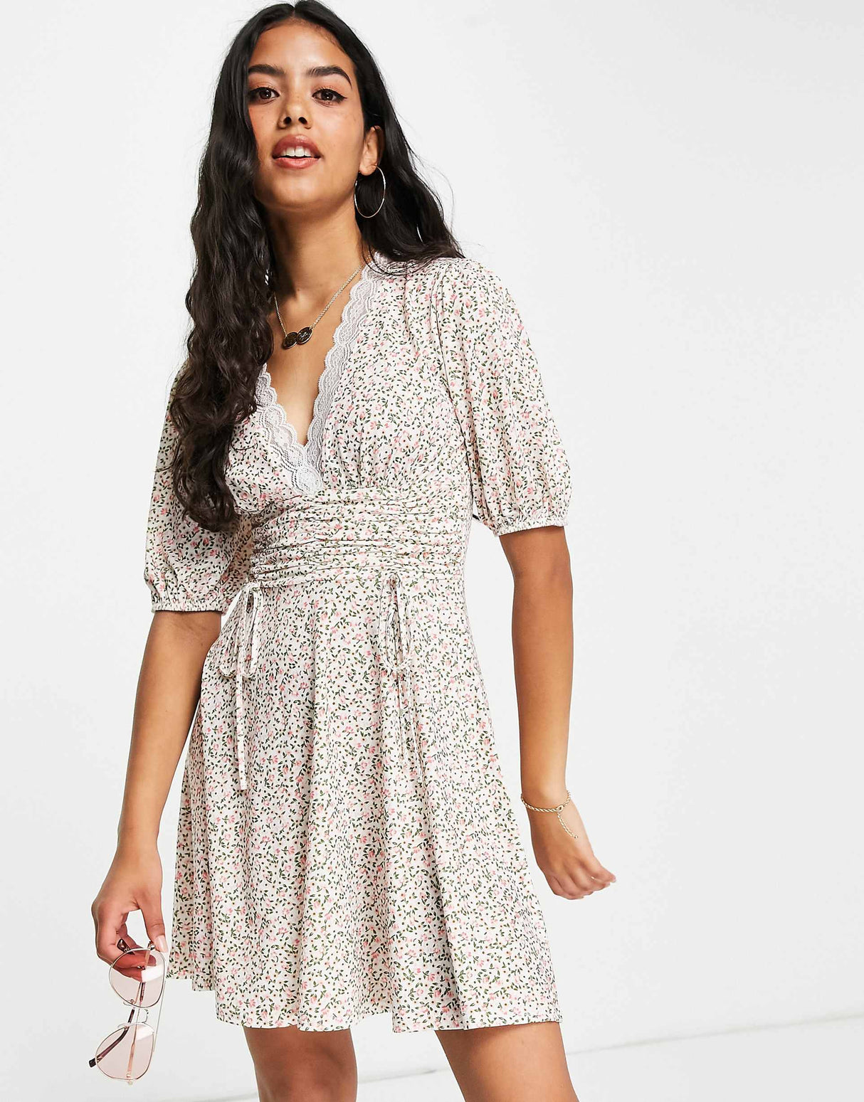 Asos Design Mini Dress With Ruched Waist And Lace Trim In Ditsy Floral