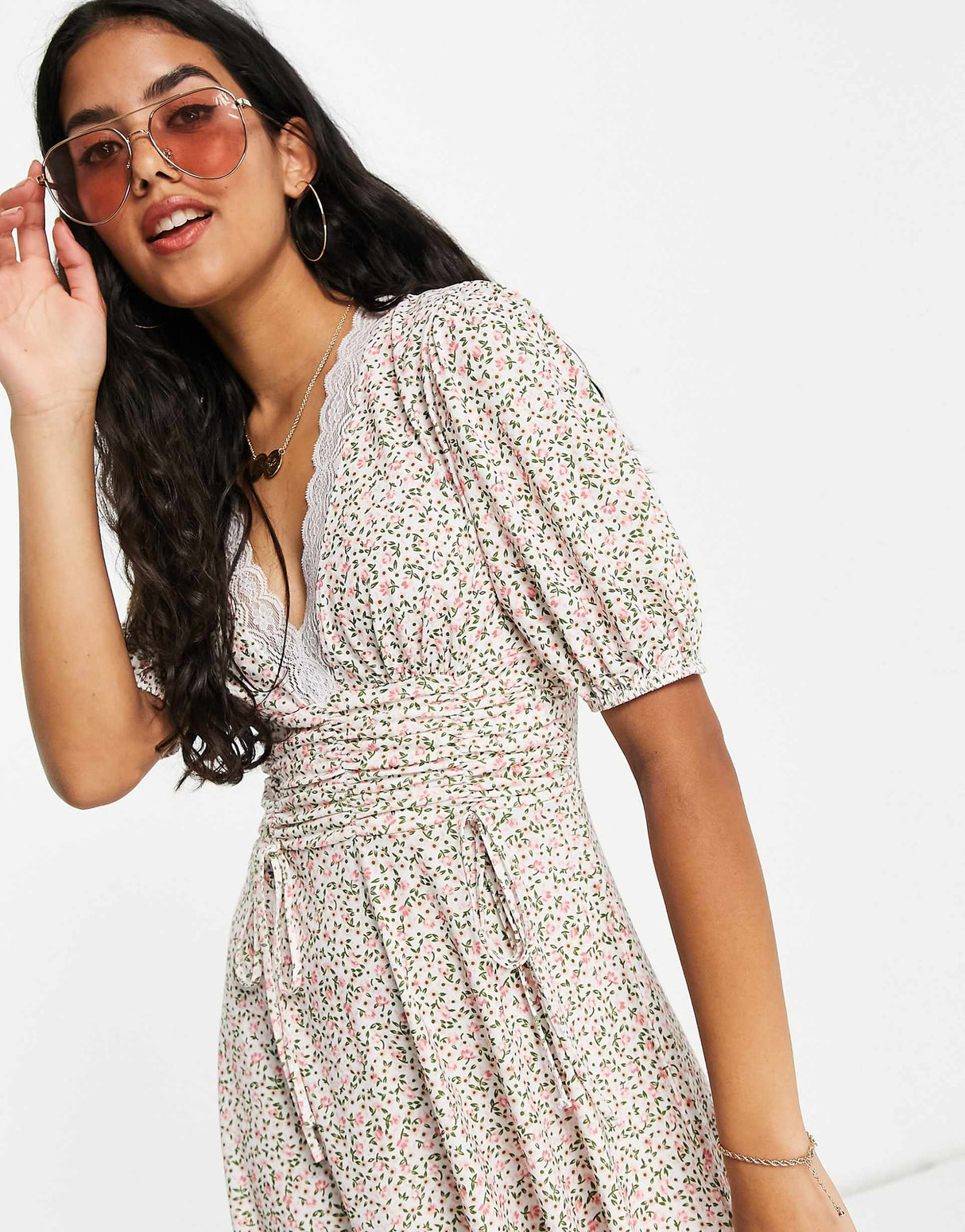 Asos Design Mini Dress With Ruched Waist And Lace Trim In Ditsy Floral