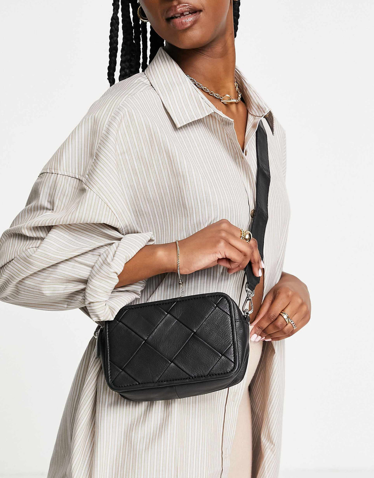 Asos Design Leather Camera Crossbody Bag With Weave In Black