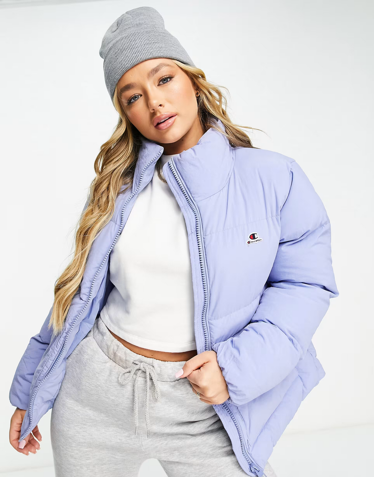 Champion Small Logo Cropped Puffer Jacket In Blue
