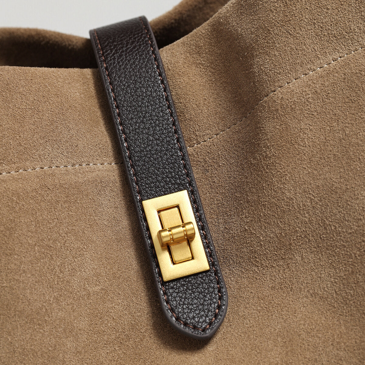 Suede Leather Turn-Lock Tote Bag - Oat