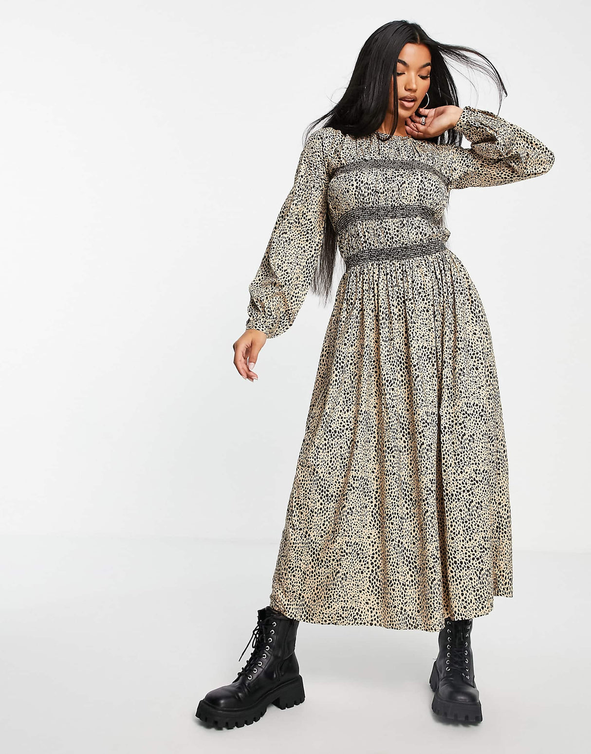 Asos Design Long Sleeve Shirred Midi Dress In Animal Print