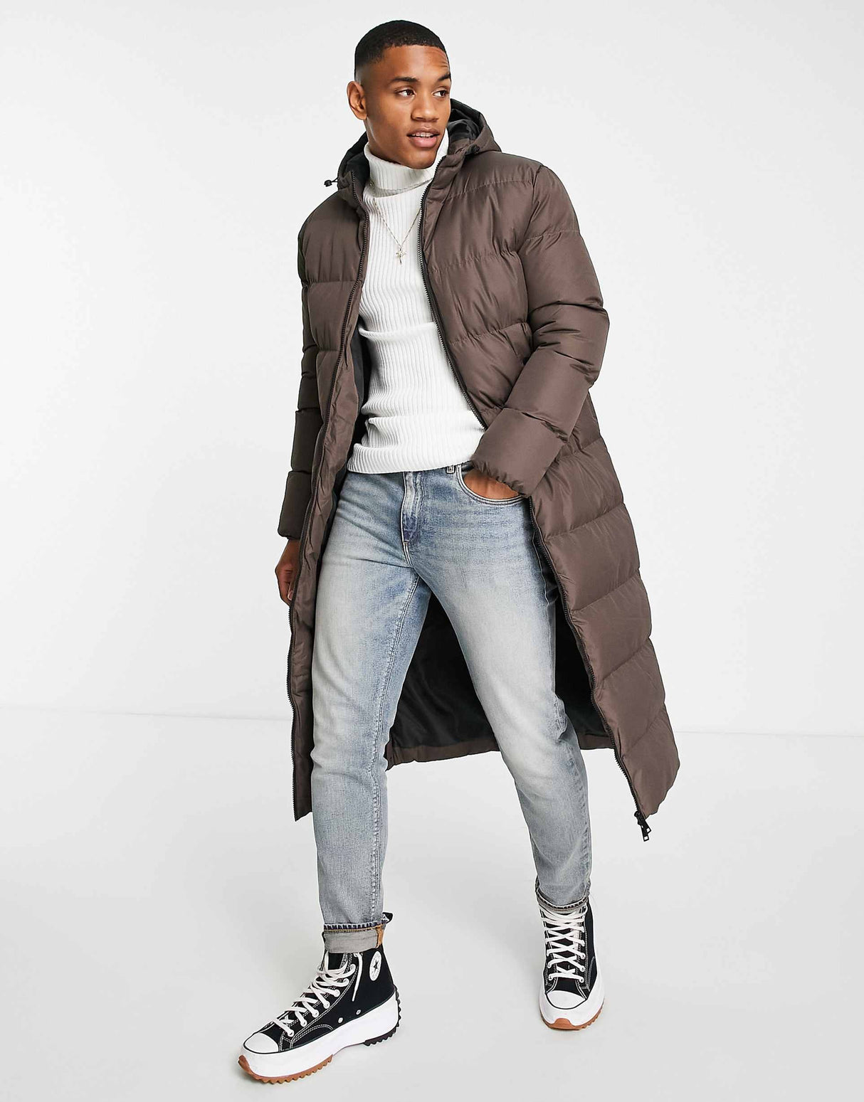 Soulstar Longline Puffer Jacket With Hood In Brown