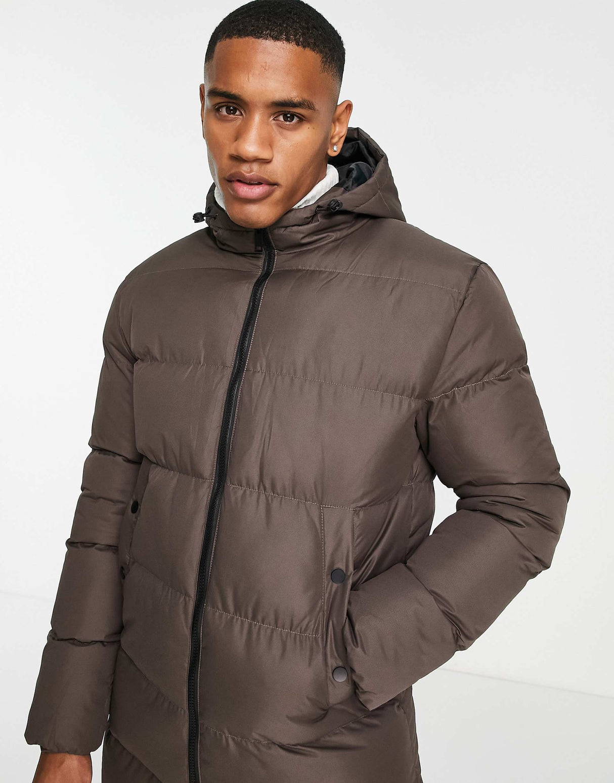 Soulstar Longline Puffer Jacket With Hood In Brown