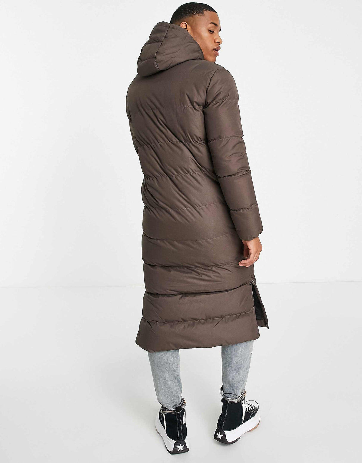 Soulstar Longline Puffer Jacket With Hood In Brown