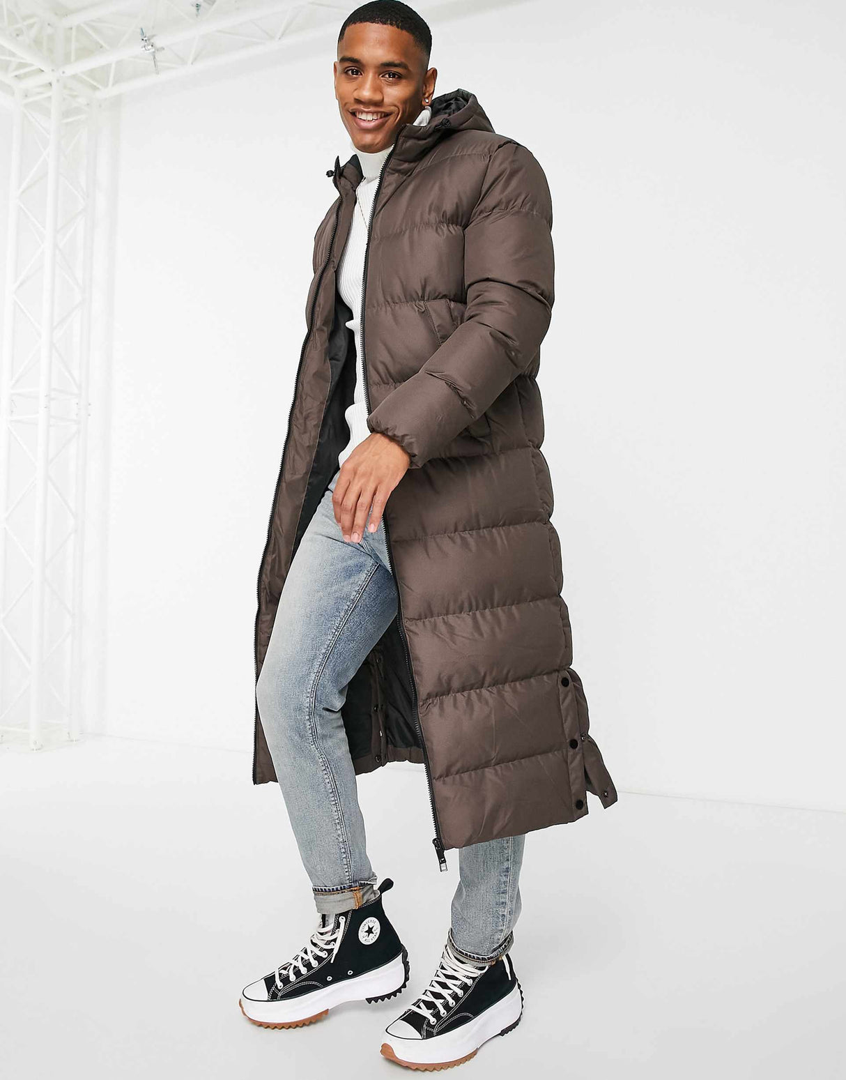 Soulstar Longline Puffer Jacket With Hood In Brown