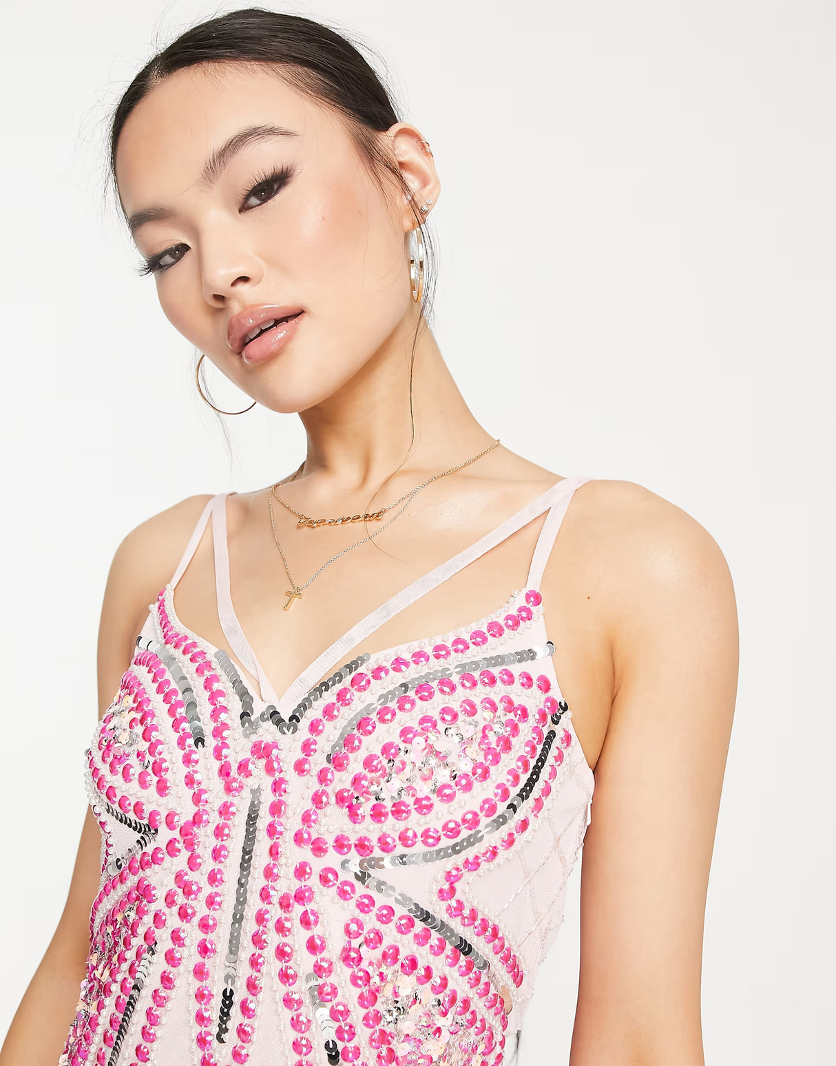 Starlet Exclusive Butterfly Embellished Sheer Overlay Dress In Pink Sequin
