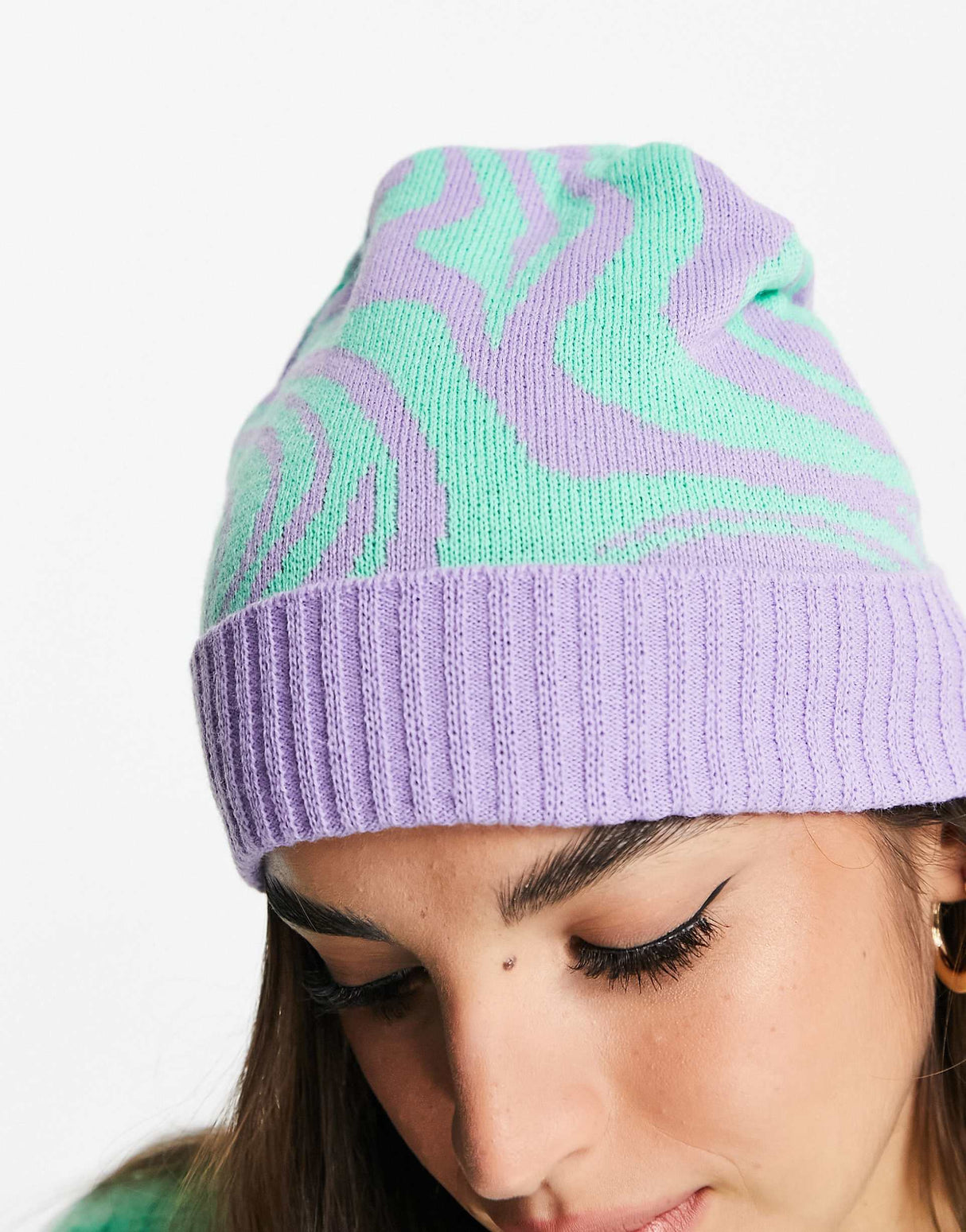 Asos Design Jacquard Knit Beanie Purple And Green Zebra Print