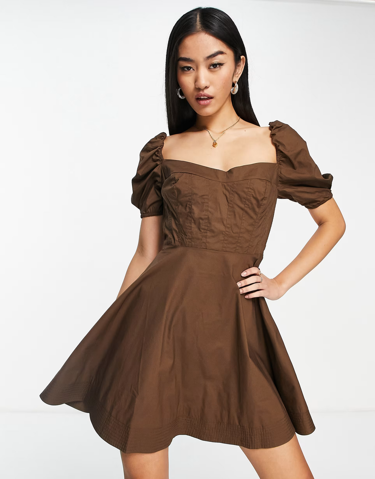 Bardot Corset Detail Puff Sleeve Mini Dress In Chocolate Brown