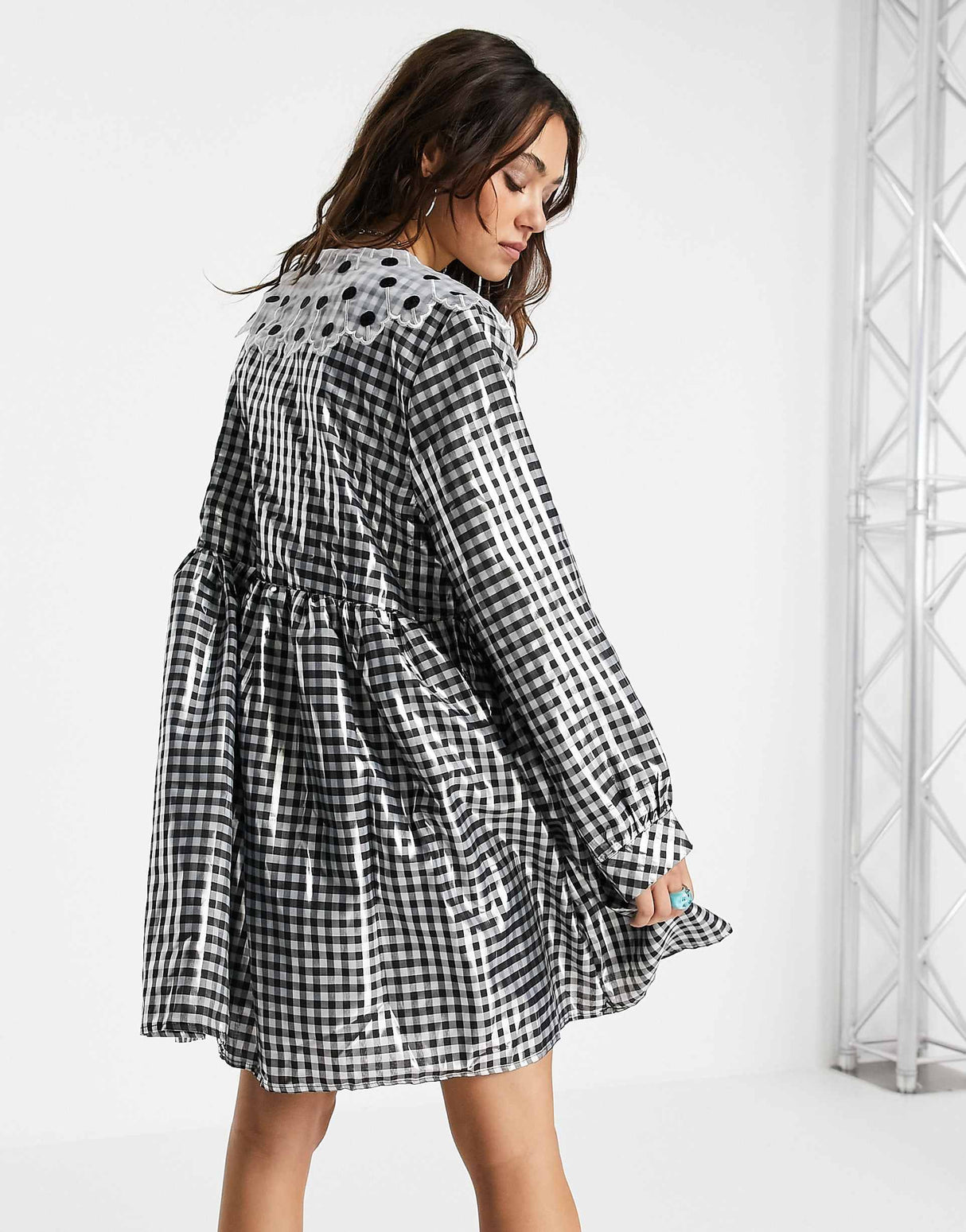 Sister Jane Mini Smock Dress With Bib Collar In Shiny Check