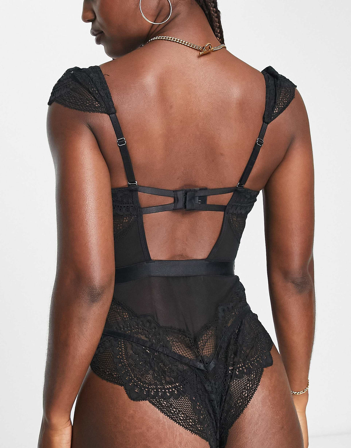 Hunkemoller Heira Lace And Mesh Underwired Bodysuit With Lace Strap Detail In Black